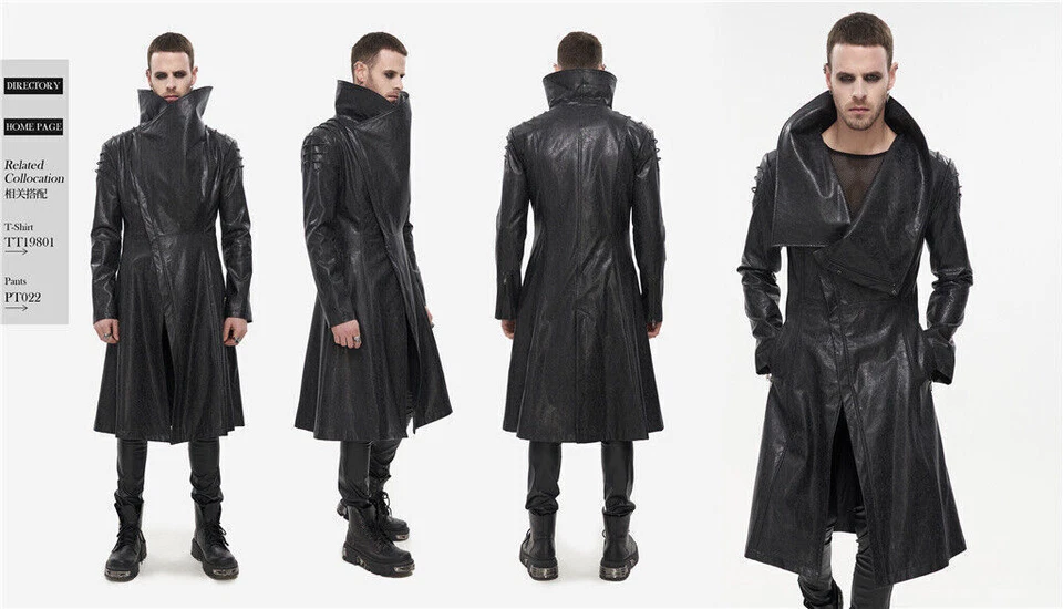 Abrigo largo informal de cuero PU estilo retro gótico punk negro de moda Diablo para hombre Foto 2 de 4