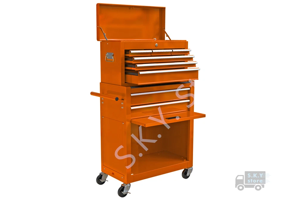 Тележка для инструментов механика, 8 ящиков стальной шкаф для хранения с колесами, оранжевый - Изображение 2 из 4
