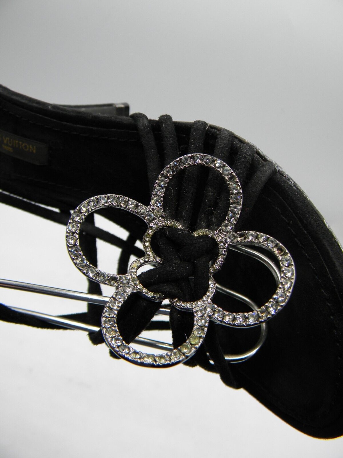 Louis Vuitton Black Nubuck Heel Crystal Flower Detail Sandals Size 35