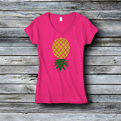 Glitter Rhinestone Women's V-Neck Custom Tees - Pineapple Lovers