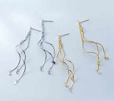Women Girl 925 Sterling Silver Stars Waved Line Dangle Tassel Post Earring Stud