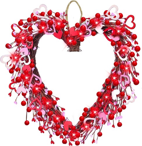 Valentine's Day Wreath Decoration with 20 Red LED Lights Timer Wood Hearts