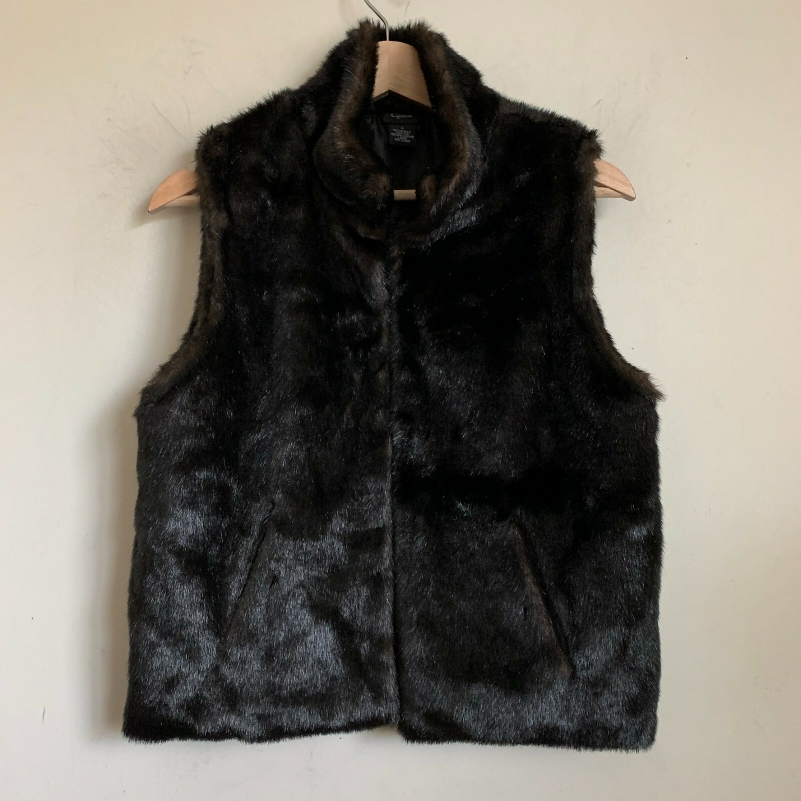 Cejon Brown Faux Mink Fur Vest Stand Collar Pockets Hook Closure Lined Size S-image