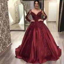 Burgundy Ball Evening Dresses V-Neck Long Sleeves Appliques Sequins Prom Gowns
