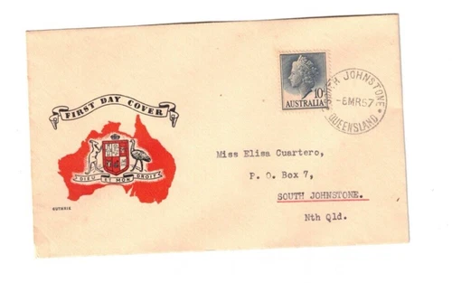 Australia 1957 10d QE on GUTHRIE FDC,cds SOUTH JOHNSTONE Qld