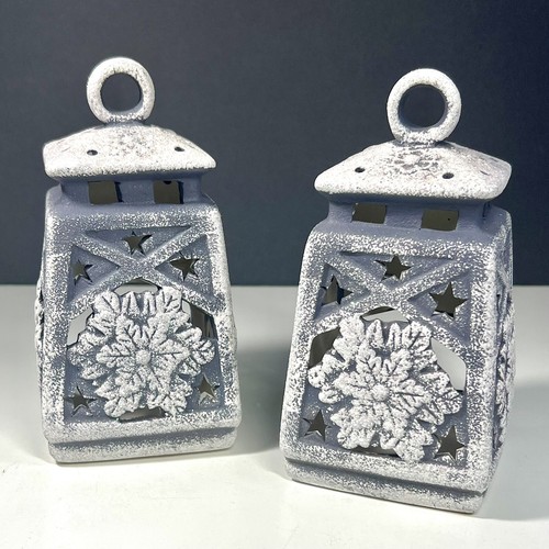 Rustic Lantern Style Snowflake Candle Holders Winter Glitter 6 1/2" Shabby Chic - Picture 2 of 10