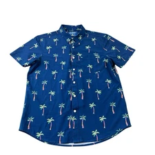 Chubbies Blue Performance Palm Tree AOP S/S Button Front Size Medium 