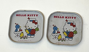 CUTE! Set of 2 1976 Hello Kitty Character Sanrio Shallow Tin Coasters