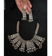 Gioielli indiani argento ossidato girocollo collana etnica orecchini...