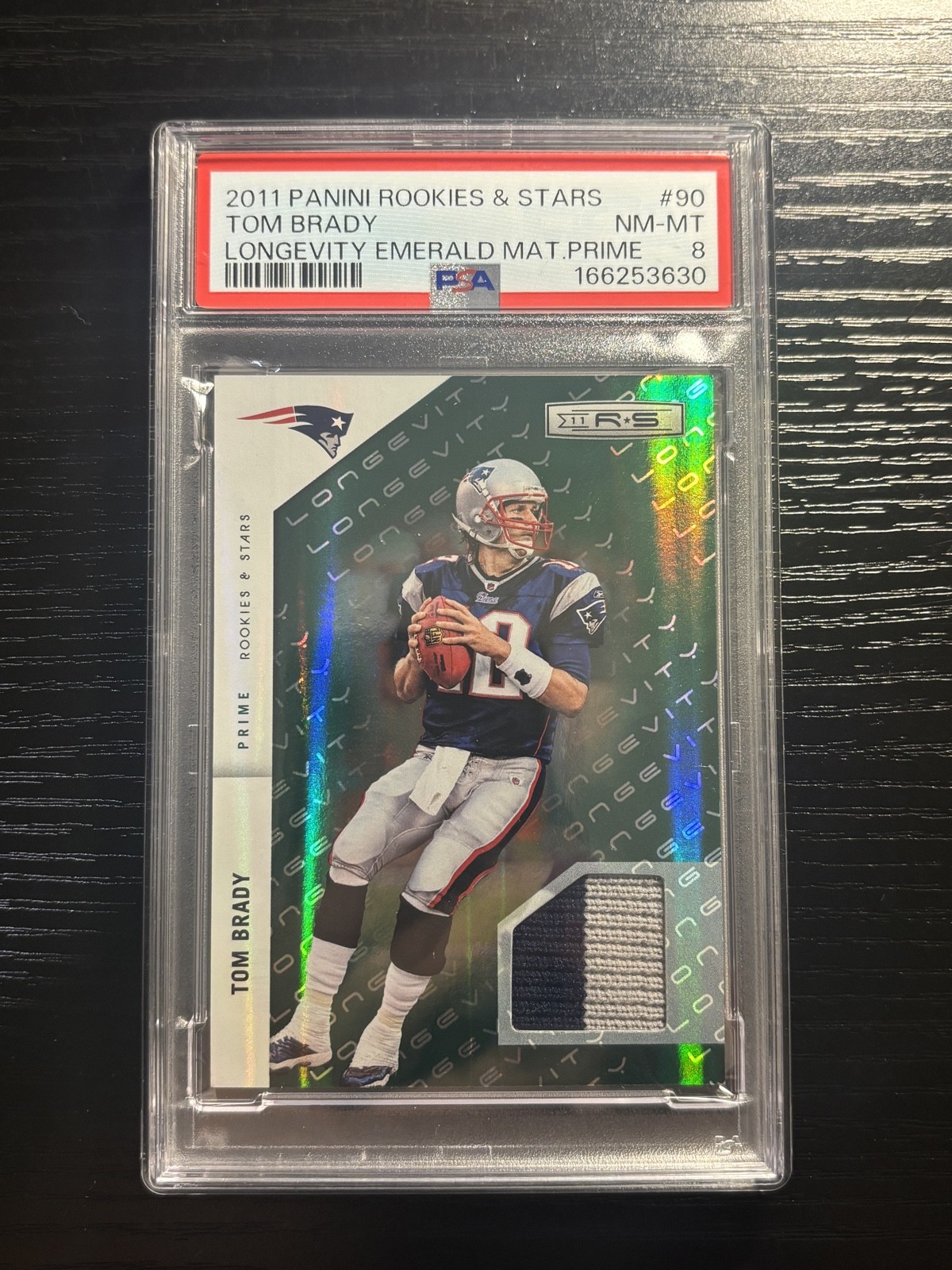 2011 Rookies & Stars Tom Brady #90 Emerald Materials 2-Color Patch /99 - PSA 8