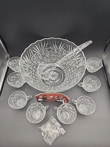 Vintage Anchor Hocking Arlington Complete Punch Bowl Set Excellent Condition