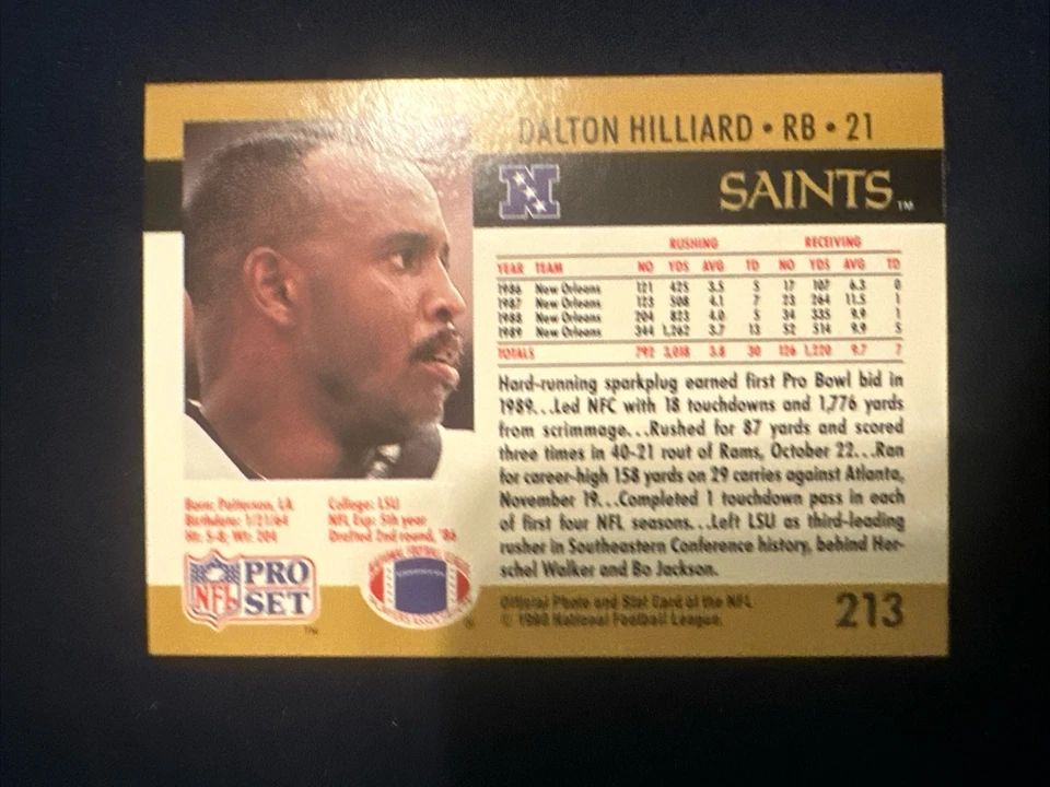 1990 Pro Set #213 Dalton Hilliard - Image 2 of 2