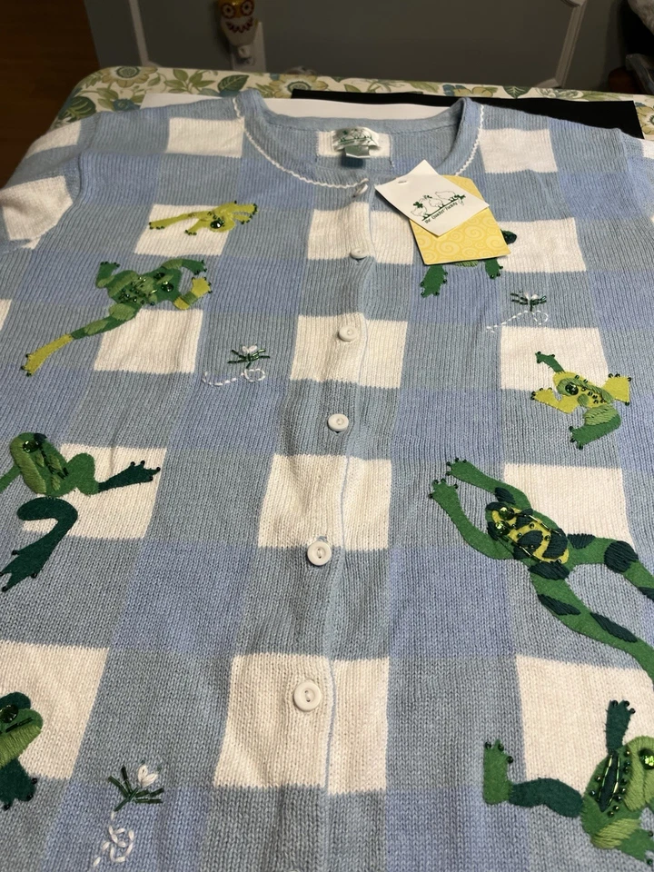 Quacker Factory Embroidered Frogs Button Down Short Sleeve Sweater 3X~ NWT - Image 2 of 4