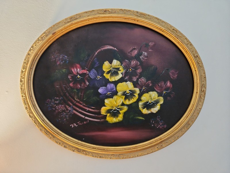Vintage Pansies Oil Painting Oval Gold Frame Signed D.A. Turner