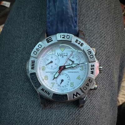 Denis de Vogue Chronograph Wristwatch Blue Band Stainless Steel White Dial