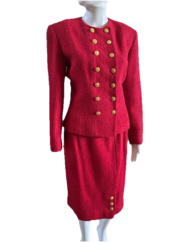 Traje Albert Nipon Boutique Vintage Años 80 Rojo Lana Tweed Talla 6 Botones Dorados Militar Foto 3 de 4