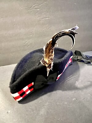 Scottish Highlander Glengarry Diced Pom Kilt Piper Hat Wool w/ Feather Clip