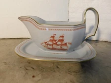 Spode Trade Winds Red Ship Gravy Boat or Sauce Bowl with Underplate, 7"