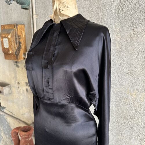 Vintage 1930s Black Silk Satin Gown Dress Art Deco Maxi Long Sleeve Keyhole - Picture 6 of 23