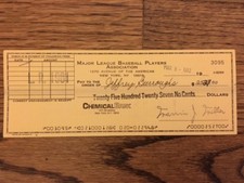 1982 Jeff Burroughs MVP Authentic MLB Players Association Payroll Check Auto
