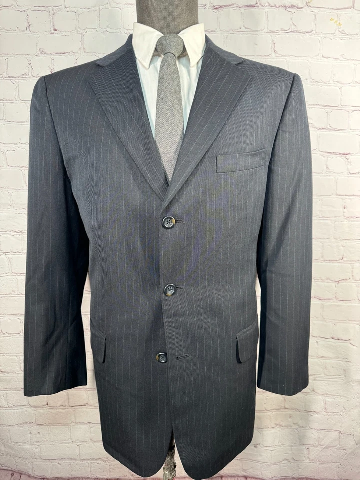 Traje MERONA Para Hombres Azul Marino Rayas Frente Plano 2 Piezas 42R Chaqueta 36x28 Pantalón Foto 2 de 4