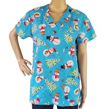 Snowman Scrub Smock Top Women's Small Pediatric Nurse Blue Pockets V Neck