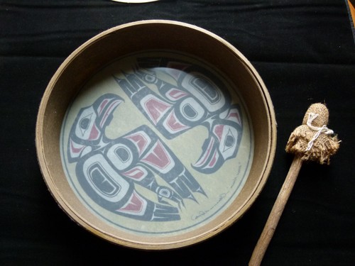 Clarence A Wells DRUM Signed handmade Stick Canadian First Nation Fish Hawk - Picture 4 of 8