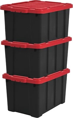 Caisse Rangement avec Couvercle Robuste, 50L, Lot de 3, Rouge, Compact, Durable - Photo 1/4