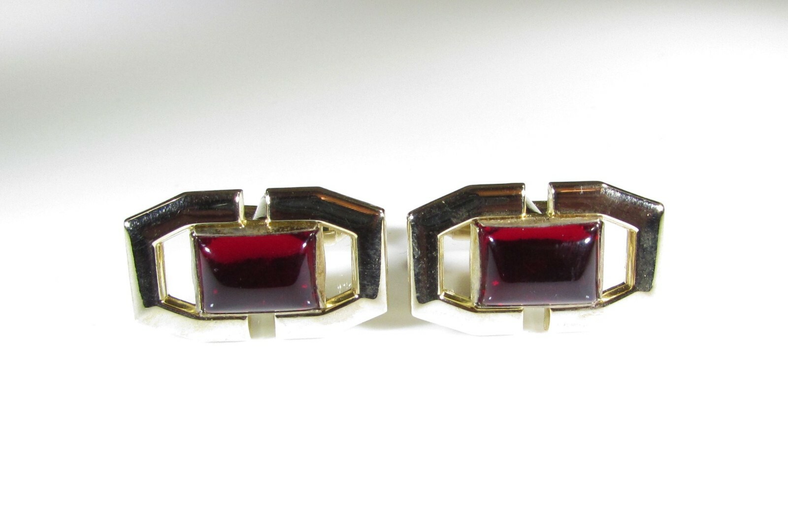 Gold Tone Cufflinks with Rectangular Red Rhinesto… - image 1