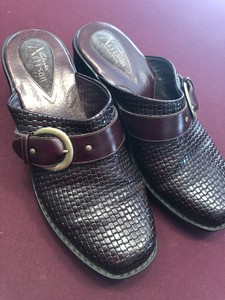 basket weave leather mules