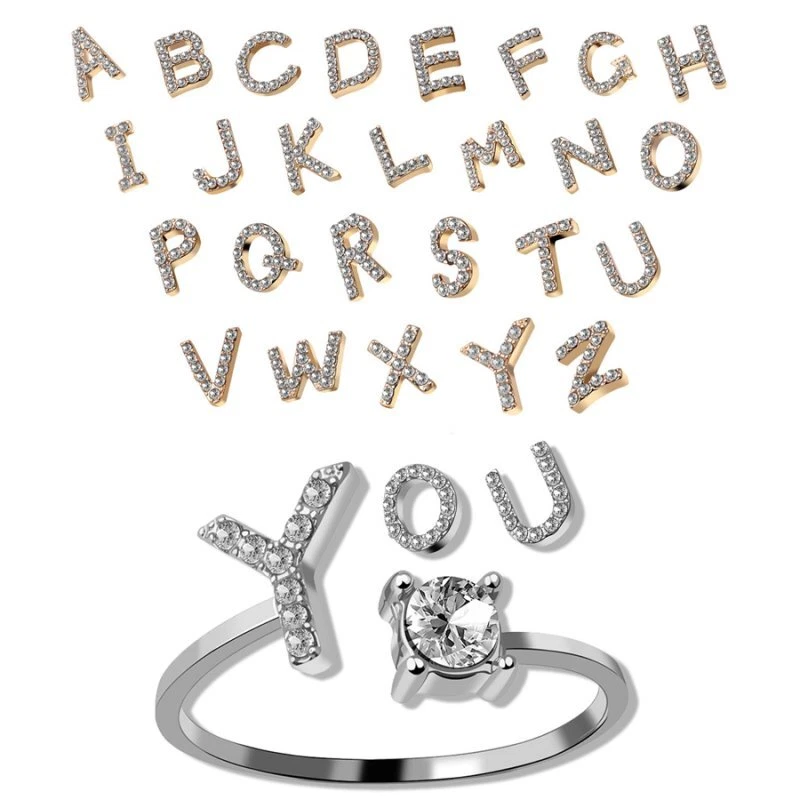A-Z 26 Capital Zircon Letter Adjustable Gold Plated Open Finger Ring Women Gift