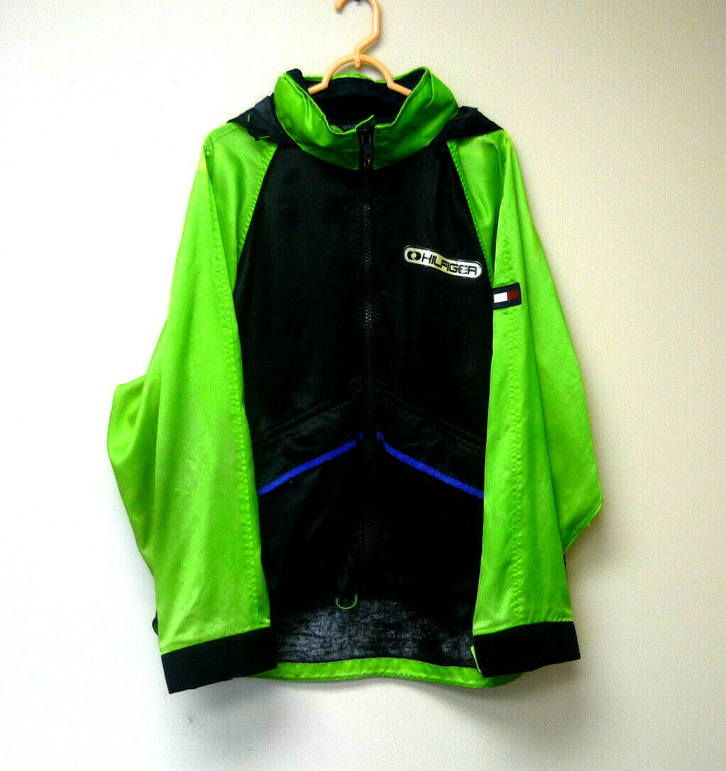 Vintage Tommy Hilfiger Mens Neon Zipper Up Windbreaker Jacket With Hood  Size L