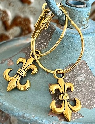 Gold Fleur De Lis Dangle Hoop New Saints