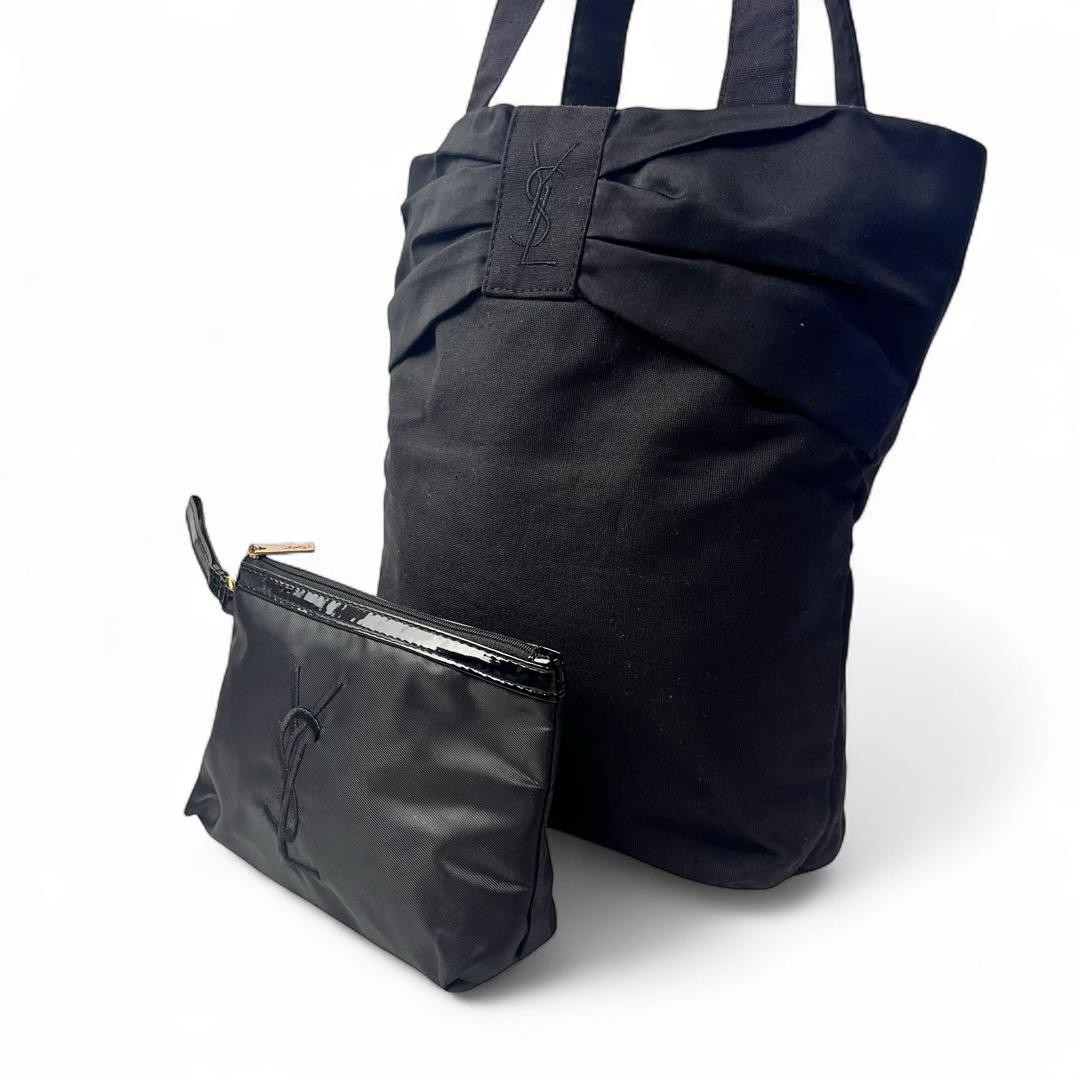 Saint Laurent Black Cotton A4 Tote Bag with Ribbon Shoulder Strap