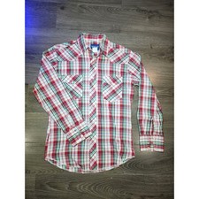 Vintage 90s Wrangler Pearl Snap Western Shirt Mens Plaid Cowboy Red White Blue
