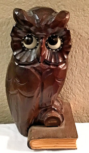 OWLS! Antique OSWALD wind-up eyes rotate clock, works, 18cm tall, ges gesch RARE