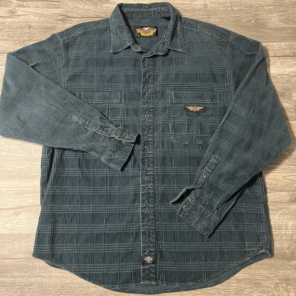 Camisa para hombre Harley Davidson de pana a cuadros con botones verde oscuro talla XL Foto 2 de 4