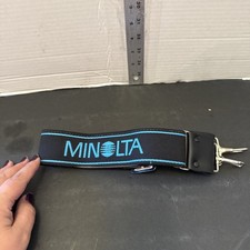 Cinghia da trasporto collo fotocamera Minolta vintage retrò tessuto nero blu OEM anni 80