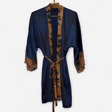 Navy Blue Satin Kimono Robe with Floral Trim and Belt