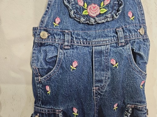 Vintage 90's Y2K Baby Girls Rose Embroidered Denim Overalls Size 18M Ruffles - Picture 4 of 11
