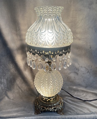 Vintage 19.75” 3-way Crystal Charm & Brass Detailing Glass Globe Hurricane Lamp - Picture 5 of 12