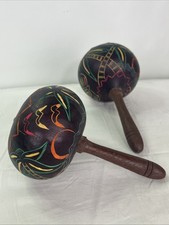 Pair of 2 Hand Carved and Painted Folk Art Gourd Maracas Peru Decor