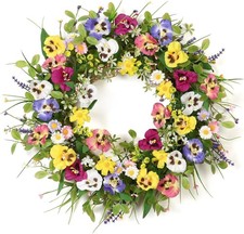Spring Door Wreath for Front Door Artificial Wreath Pansy Flower Artificial Gre