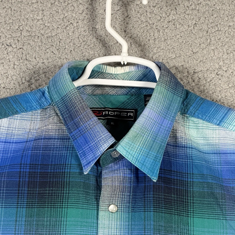Camisa vaquera Roper para hombre azul verde a cuadros a presión XL manga larga cepillo popper Foto 2 de 4