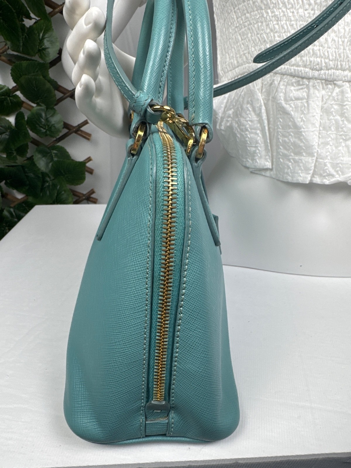 Prada Saffiano Lux Leather Satchel Bag in Turquoise image 3