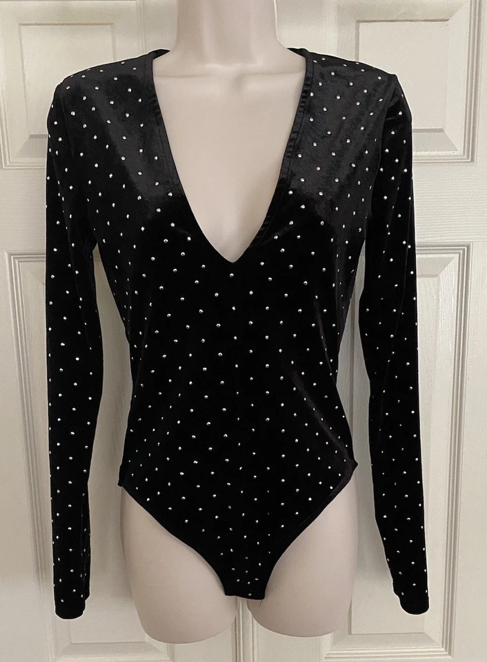 H&M ~ Sexy Body Top Negro Terciopelo Brillante Profundo Cuello en V Una Pieza Manga Larga S Foto 2 de 4