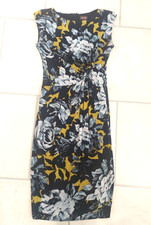 PHASE EIGHT BLACK /GREEN/GREY FLORAL DRESS, GATHERED WAIST, STRETCH, SIZE 8