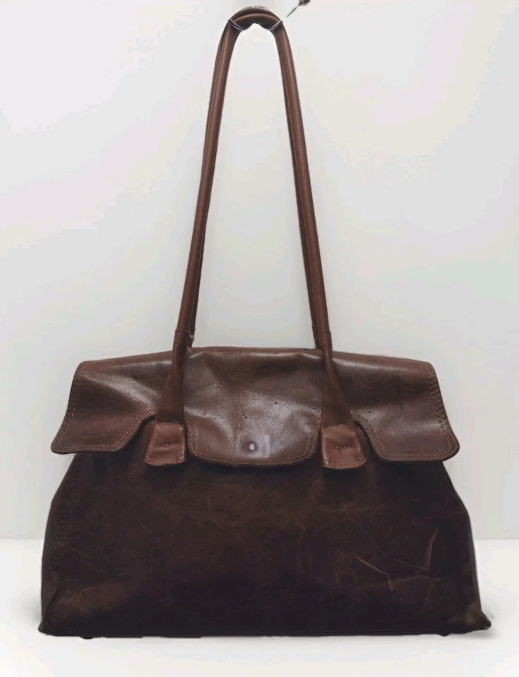 Custom Artisan Leather Satchel Bag Jacquard Lining Expandable Trapezoid - Image 2 of 4