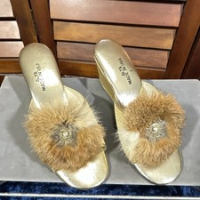 Alta Made in USA Gold Rabbit Fur Pom Pom Wedge Vintage Women's Slippers Size 6