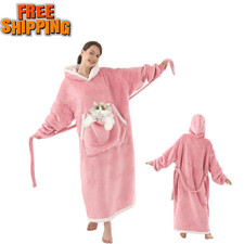 Wearable Blanket Hoodie with Cat Pouch, Oversized Hooded Blanket Sweatshirt Blan
